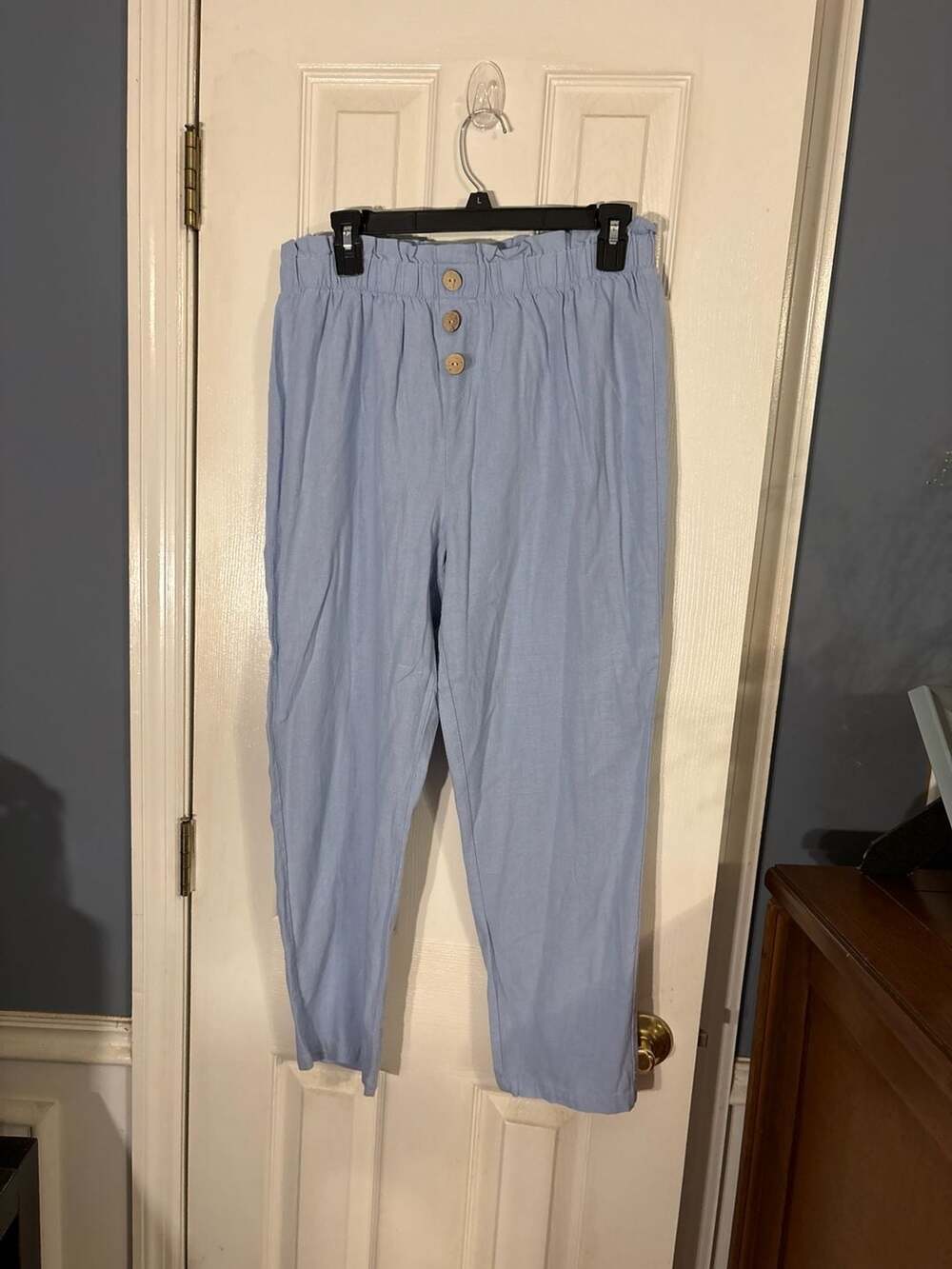 Como Vintage Paperbag Waist Linen Blend Button Fly Pants in Light Blue